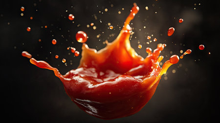 Tomato ketchup exploding upward in a dramatic splash, forming abstract shapes mid-air.の素材