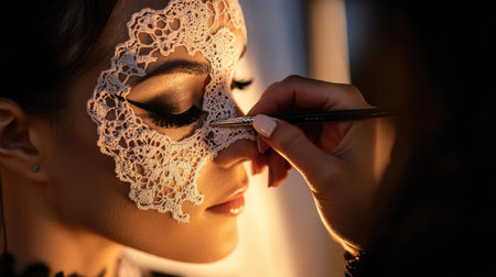 An artist painting a delicate lace mask design on a woman's face, with soft lighting.の素材