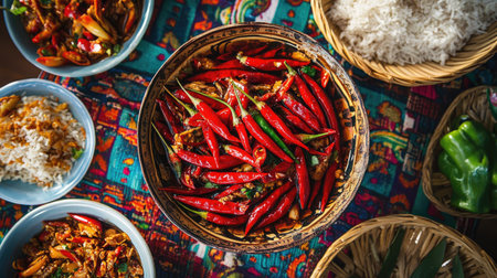 Sliced chilies in fish sauce, surrounded by a traditional Thai dish spread on a colorful tablecloth.の素材