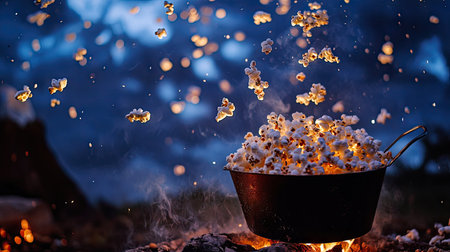 A campfire popcorn maker in action, with kernels bursting into fluffy popcorn under the night skyの素材