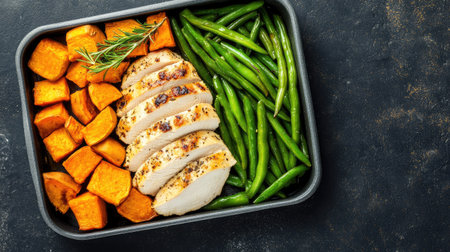 An overhead shot of a meal prep box containing sliced chicken breast, roasted sweet potatoes, and green beansの素材