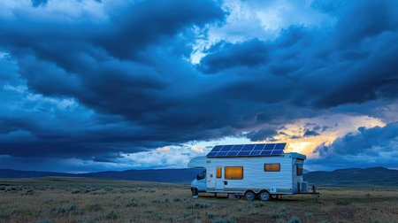 A caravan with rooftop solar panels set up in a remote location, with a dramatic cloudy sky overhead.の素材