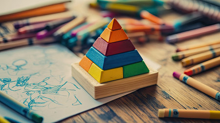 Artistic shot of a wooden pyramid toy surrounded by crayons and a doodled sketchbook.の素材