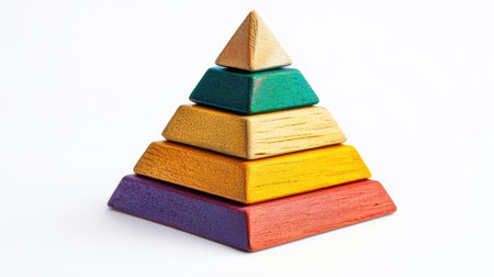 Artistic flat lay of a disassembled multicolored wooden pyramid toy against a white background.の素材