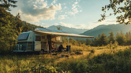 A caravan with solar panels, accompanied by an awning and camping chairs, nestled in a serene meadow.の素材
