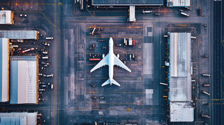 A bird's-eye view of a modern freight airport with wide runways, cargo planes, and nearby storage facilitiesの素材