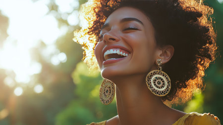 A candid shot of a woman laughing, with her statement earrings catching the sunlight.の素材