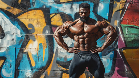 A bodybuilder flexing in front of a graffiti-covered gym wall, blending strength with urban grit.の素材