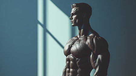 A bodybuilder striking a side chest pose, with dramatic shadows enhancing the sculpted look.の素材