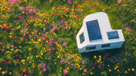 A caravan with solar photovoltaic panels on its roof parked near a vibrant flower field in spring.の素材