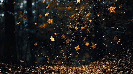 A cascade of golden stars glittering on a dark background, evoking a sense of celebration and magicの素材