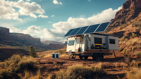 A caravan powered by rooftop solar panels, with portable solar chargers deployed nearby, set against a rugged wilderness backdrop.の素材