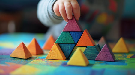 A child's hand assembling a multicolored wooden pyramid toy on a bright play mat.の素材