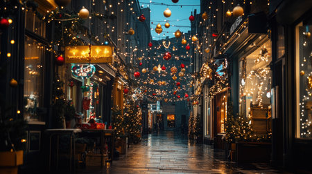A city street adorned with festive string lights, colorful ornaments, and illuminated storefront decorationsの素材