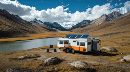 A caravan powered by rooftop solar panels, with portable solar chargers deployed nearby, set against a rugged wilderness backdrop.の素材