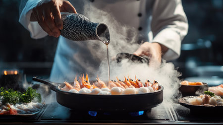 A chef pouring broth into a seafood hot pot, with steam rising and fresh seafood arranged neatly around the potの素材