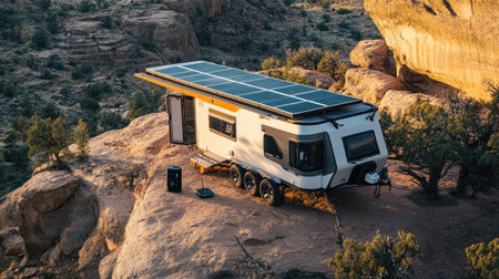 A caravan powered by rooftop solar panels, with portable solar chargers deployed nearby, set against a rugged wilderness backdrop.の素材
