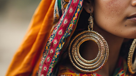 A close-up of intricate hoop earrings worn by a woman in traditional ethnic attire.の素材