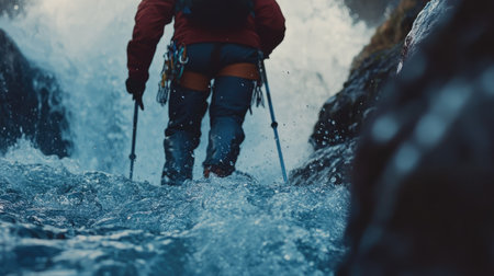 A climber using walking poles to navigate a rocky mountain stream, with water cascading nearby.の素材