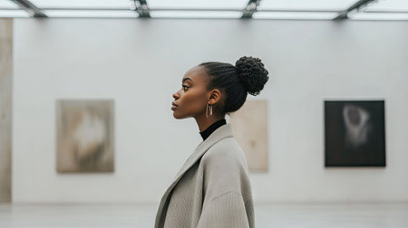 A chic, minimalist outfit featuring a woman in a monochrome coat standing in front of a modern art galleryの素材