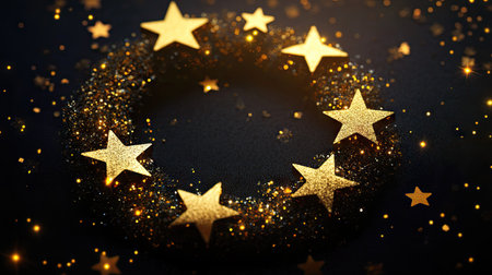 A decorative wreath of golden stars and glitter shining brilliantly against a black surfaceの素材