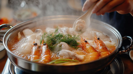 A chef seasoning a seafood hot pot with fresh herbs and spices, with steam and aroma captured vividlyの素材