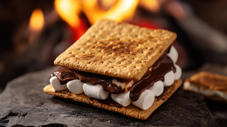 A classic s'mores assembly shot with graham crackers, chocolate, and marshmallows, surrounded by a warm fire glowの素材