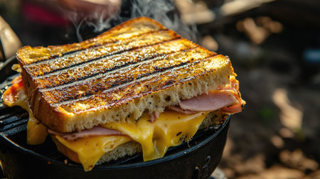 A close-up of a sandwich with melted cheese and ham, grilled to perfection over a camping stoveの素材