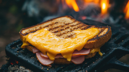 A close-up of a sandwich with melted cheese and ham, grilled to perfection over a camping stoveの素材