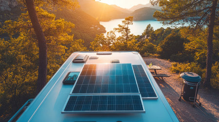 A close-up of solar photovoltaic panels on a caravan roof, with a campsite and portable grill nearby.の素材