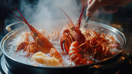 A close-up of fresh lobster, crab, and prawns being placed into a bubbling seafood hot pot by handの素材