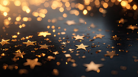 A close-up of golden star confetti scattered across a reflective black surface, glowing under soft lightingの素材