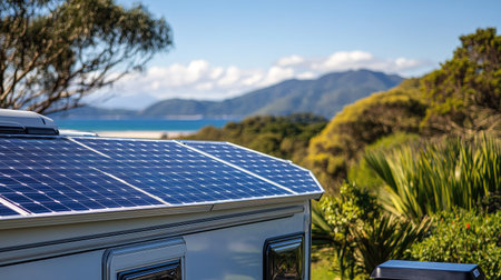 A close-up of solar photovoltaic panels on a caravan roof, with a campsite and portable grill nearby.の素材