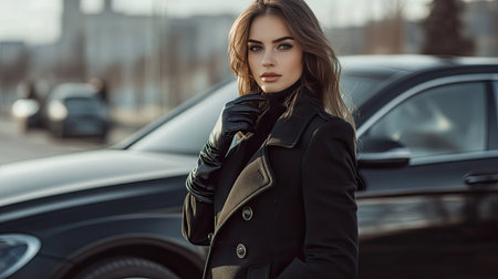A confident woman in a double-breasted black coat and leather gloves posing near a luxury carの素材