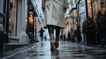 A city chic vibe with a woman in a belted trench coat and heeled boots strolling past luxury boutiquesの素材