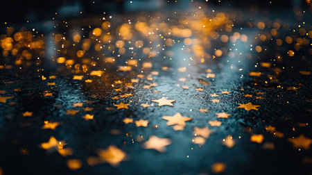 A close-up of golden star confetti scattered across a reflective black surface, glowing under soft lightingの素材