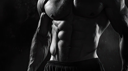 A close-up of a flexed six-pack, with defined obliques and sharp abs under studio lighting.の素材