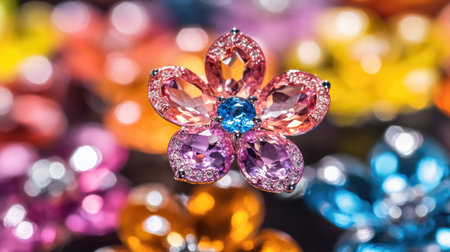 A close-up of gemstone earrings in the shape of flowers, highlighting the vibrant colors.の素材