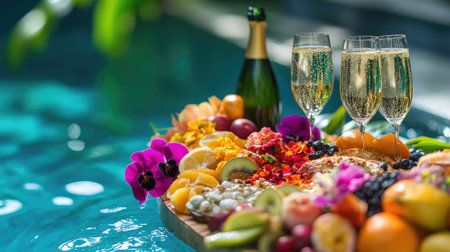 A close-up of a luxury floating breakfast with exotic fruits, sparkling wine, and intricate flower arrangements in a private poolの素材