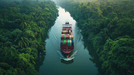 A container ship navigating a narrow canal surrounded by lush greenery, with cargo stacked high on its deckの素材