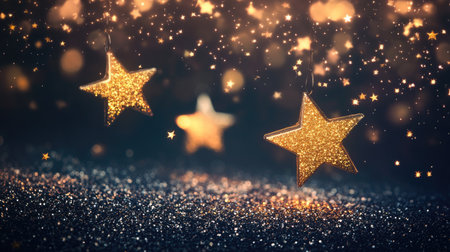 A dreamy night sky filled with golden shiny stars sparkling against a deep black backdropの素材