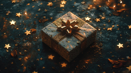 A festive gift box adorned with a golden bow and surrounded by scattered golden stars on a dark tableの素材