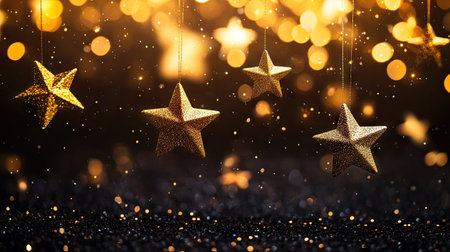 A dreamy night sky filled with golden shiny stars sparkling against a deep black backdropの素材