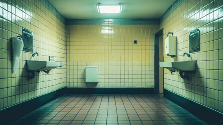A functional highway rest stop bathroom with tiled floors, basic sinks, and paper towel dispensersの素材