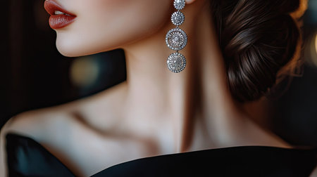 A glamorous close-up of diamond-studded earrings worn by a woman dressed in a black evening gown.の素材