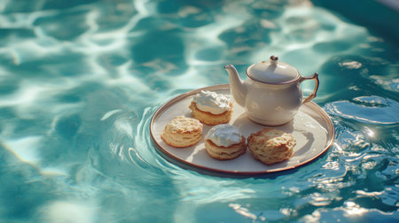 A floating breakfast tray with a teapot, scones, and clotted cream drifting in a vintage-style swimming poolの素材