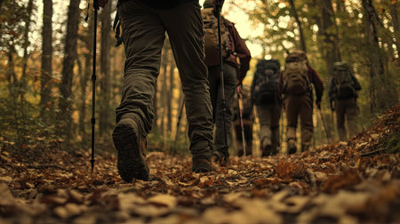 A group of hikers with walking poles navigating a forest trail, leaves crunching beneath their boots.の素材