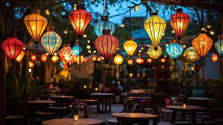 A group of glowing Christmas lanterns hanging above a festive outdoor seating area in a holiday marketの素材