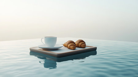 A minimalist floating breakfast tray with coffee and fresh croissants in a sleek, modern infinity poolの素材