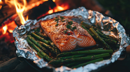 A foil packet of grilled salmon and asparagus being served onto a plate, with a glowing campfire nearbyの素材